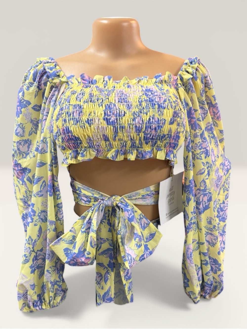 All Pretty Girls Boutique Floral Smocked Tie-Back Crop Top - Yellow/Blue